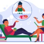 Man talking to psychotherapist about post natal depression of wife. Man in psychiatrist office flat vector illustration. Post natal depression concept for banner, website design or landing web page