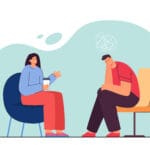 Therapist or friend talking to sad man. Confused or depressed character getting psychological help flat vector illustration. Psychology, communication, mental health, friendship concept for banner