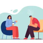 Therapist or friend talking to sad man. Confused or depressed character getting psychological help flat vector illustration. Psychology, communication, mental health, friendship concept for banner