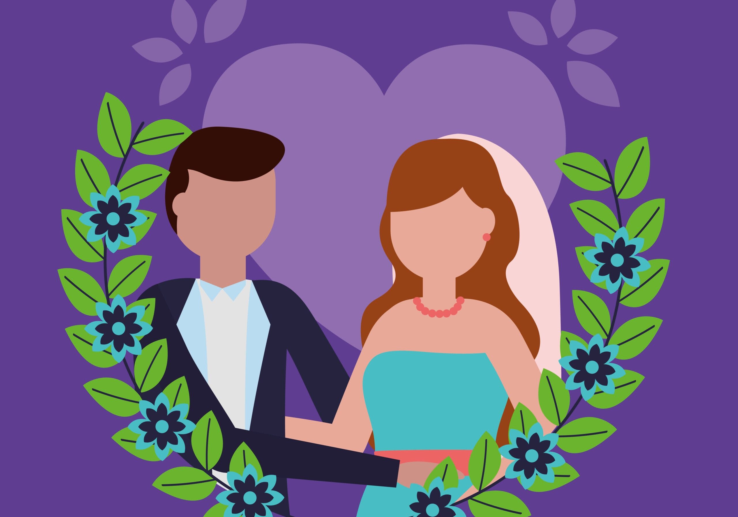 flat design wedding people image couple wedding flowers purple hearts background vector illustration